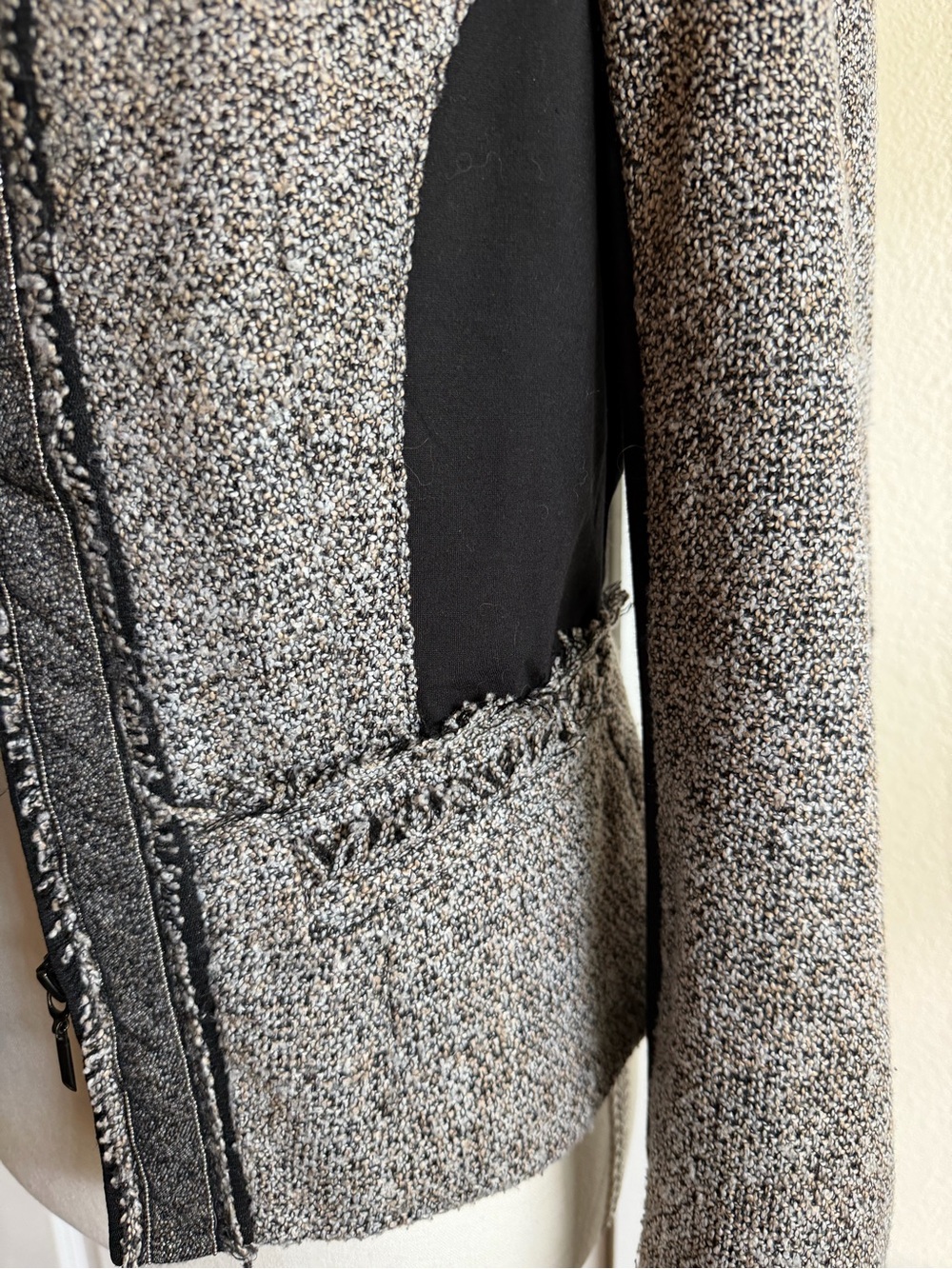 White House Black Market Black and Gray Tweed Fringe Zip Blazer - Picture 5 of 12